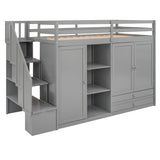 Functional Loft Bed with 3 Shelves, 2 Wardrobes and 2 Drawers,  Ladder with Storage, No Box Spring Needed, Gray - Home Elegance USA
