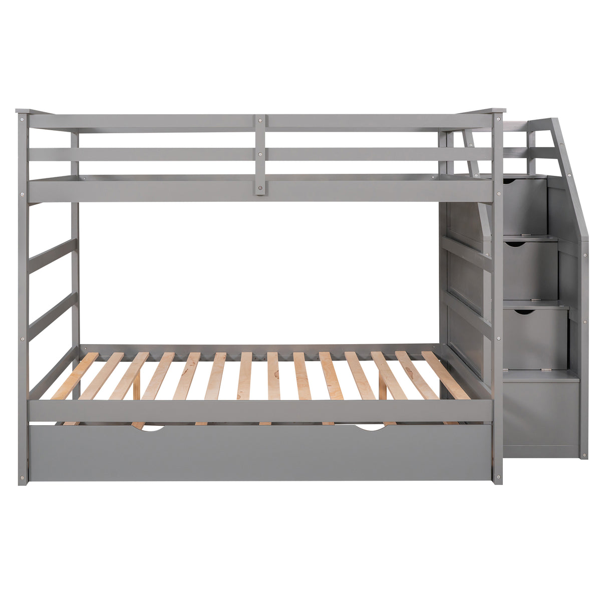 Full-over-Full Bunk Bed with Twin Size Trundle and 3 Storage Stairs,Gray - Home Elegance USA