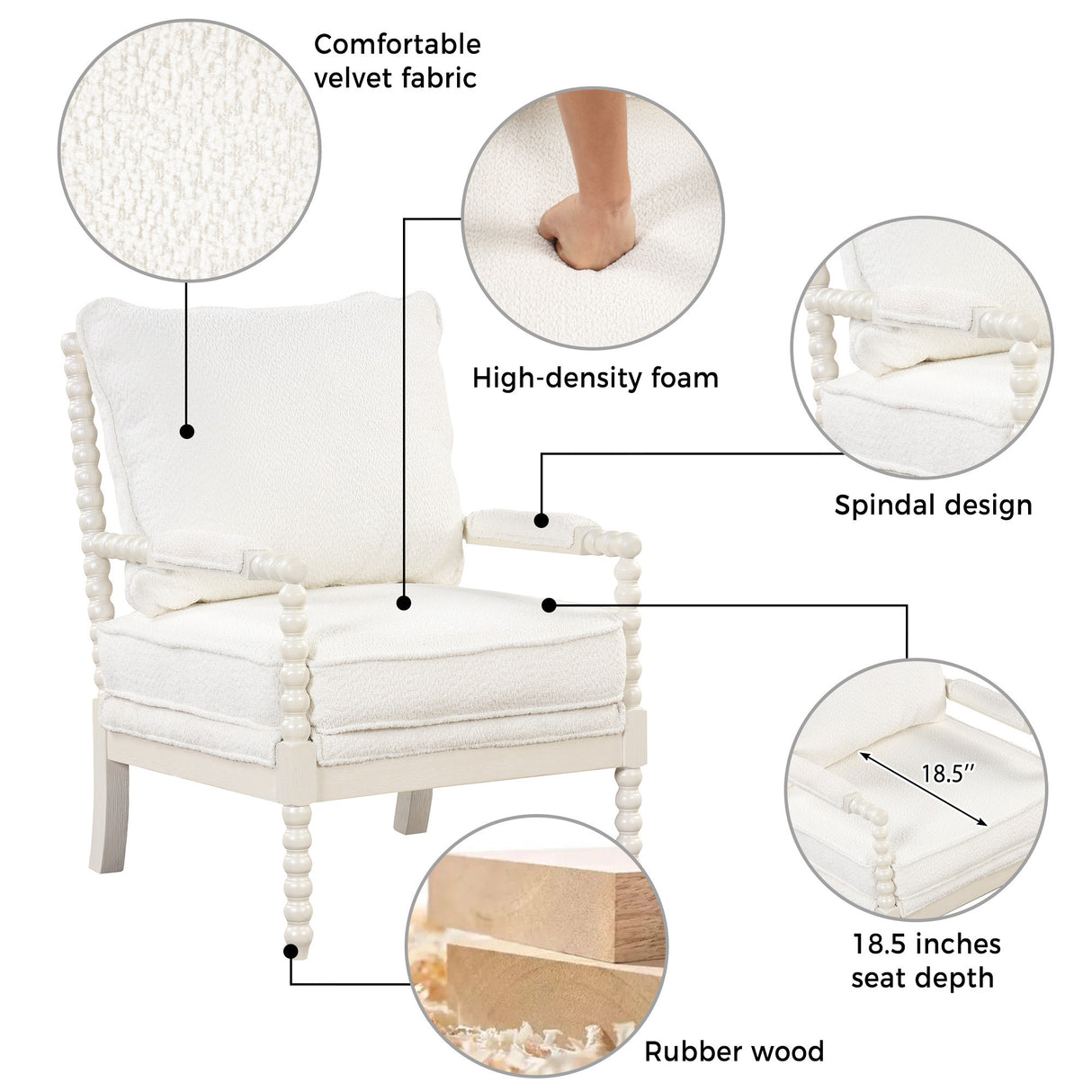 The Spindal Chair Velvet Accent Chair with Ottoman, Modern Lounge Accent Chair with Armrests pad, Reading Chair with Footrest for Small Space, Living room, White - Home Elegance USA