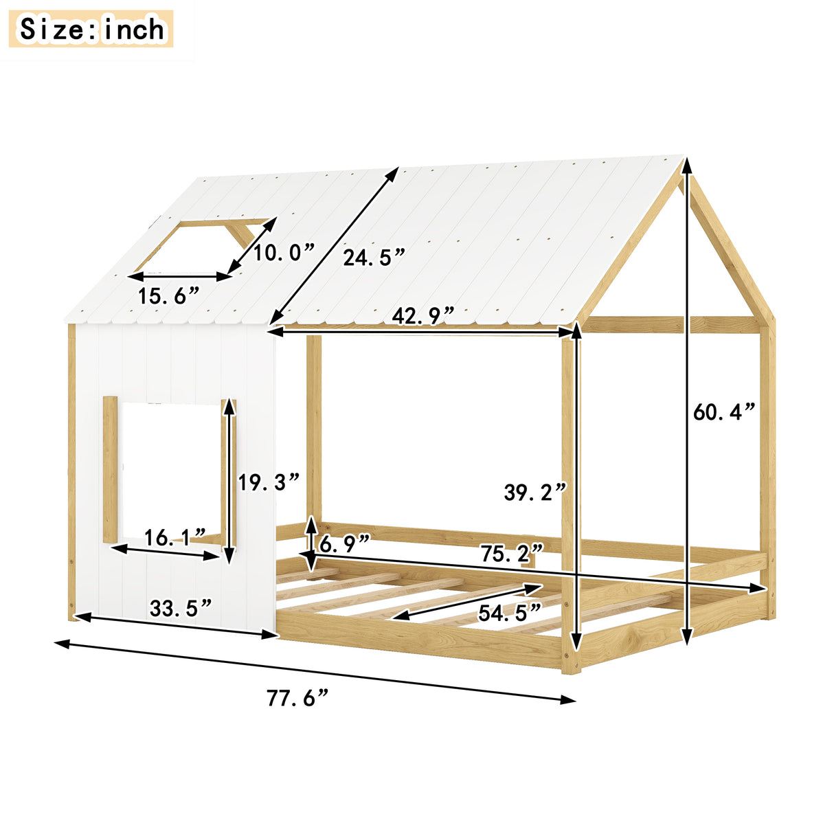 Full Size House Bed with Roof and Window - White+Natural - Home Elegance USA