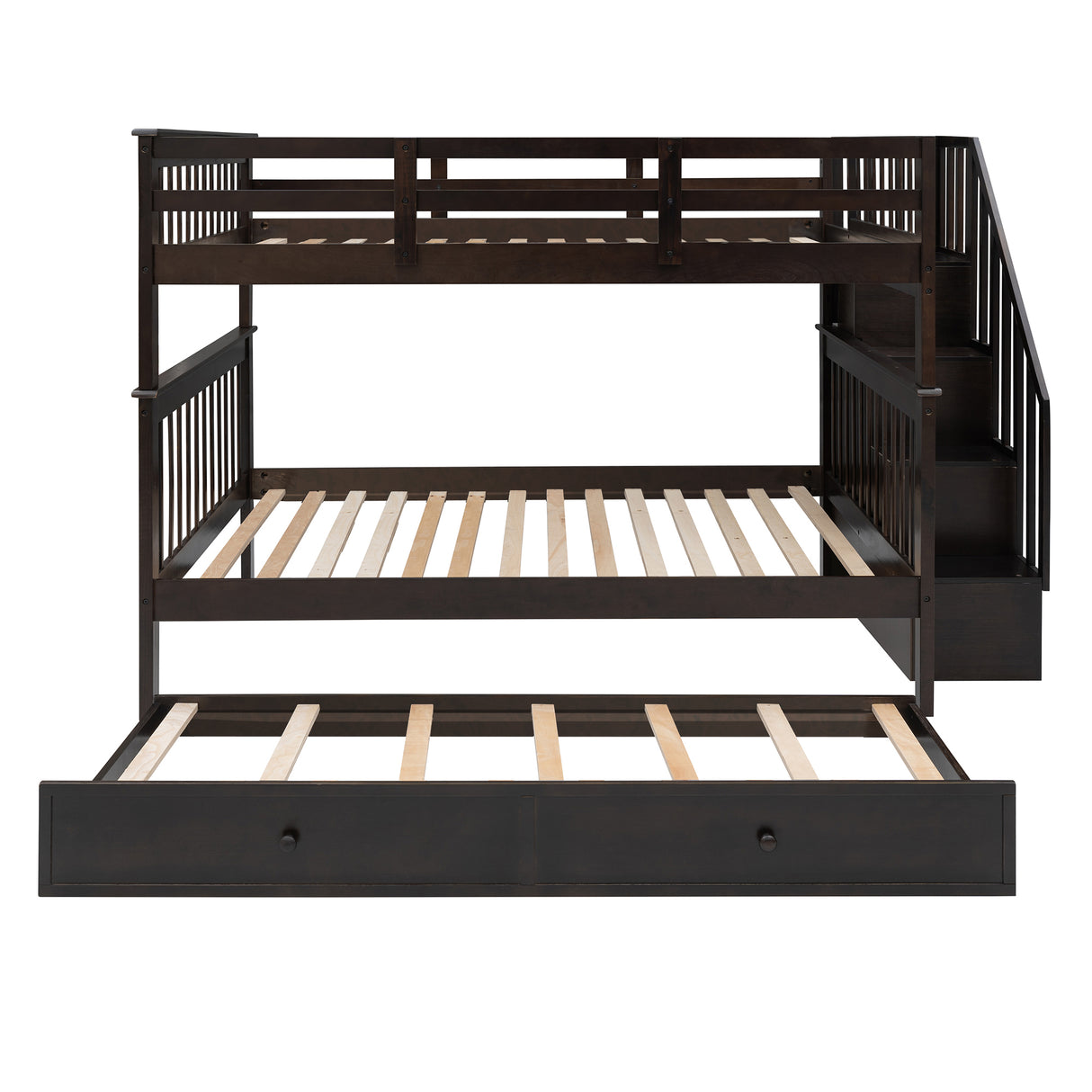 Stairway Full-Over-Full Bunk Bed with Twin size Trundle, Storage and Guard Rail for Bedroom, Dorm - Espresso(OLD SKU :LP001210AAP) - Home Elegance USA