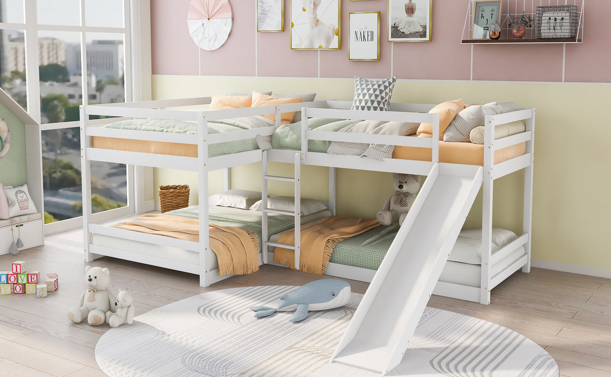 Full and Twin Size L-Shaped Bunk Bed with Slide and Short Ladder,White - Home Elegance USA