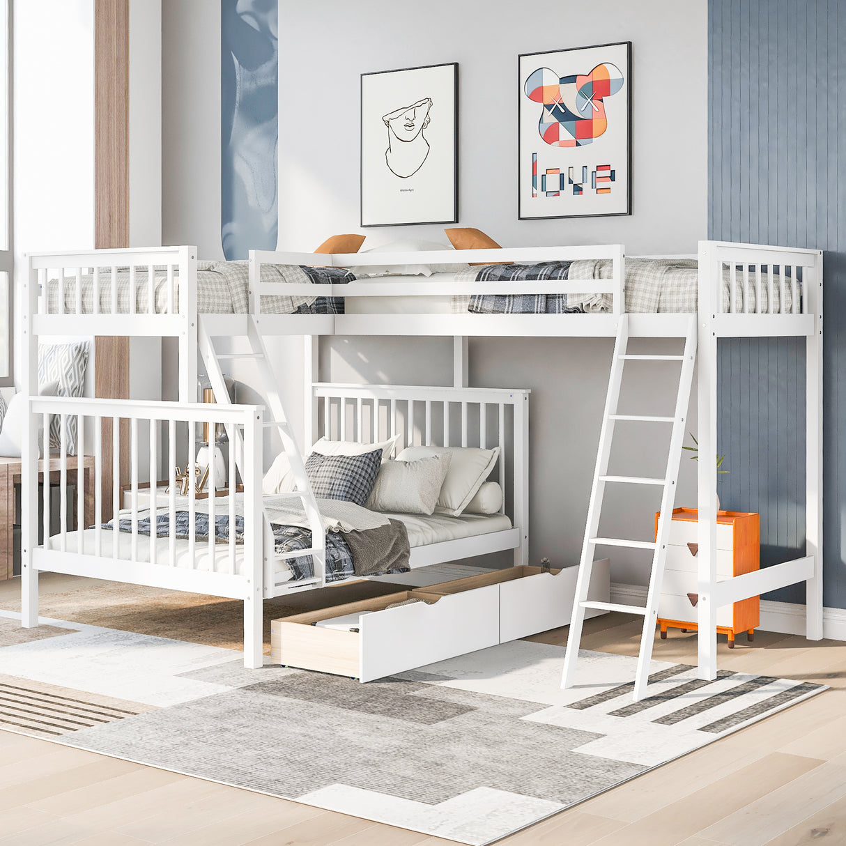 L-Shaped Twin over Full Bunk Bed and Twin Size Loft Bed with Two Storage Drawers,White - Home Elegance USA