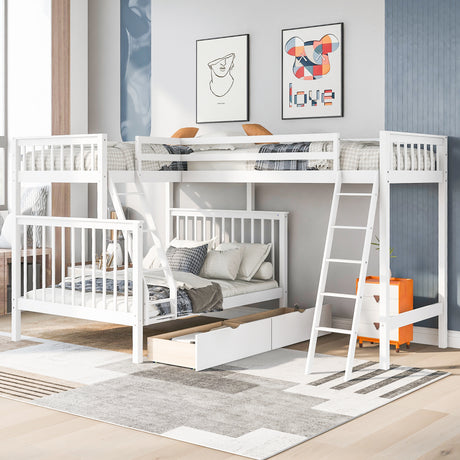 L-Shaped Twin over Full Bunk Bed and Twin Size Loft Bed with Two Storage Drawers,White - Home Elegance USA