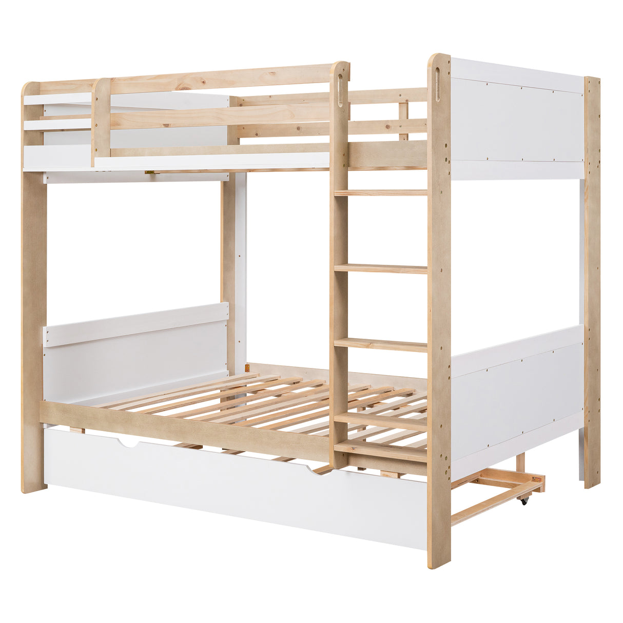 Full over Full Bunk Bed with Storage Shelves, Twin Size Trundle and Ladder, White - Home Elegance USA