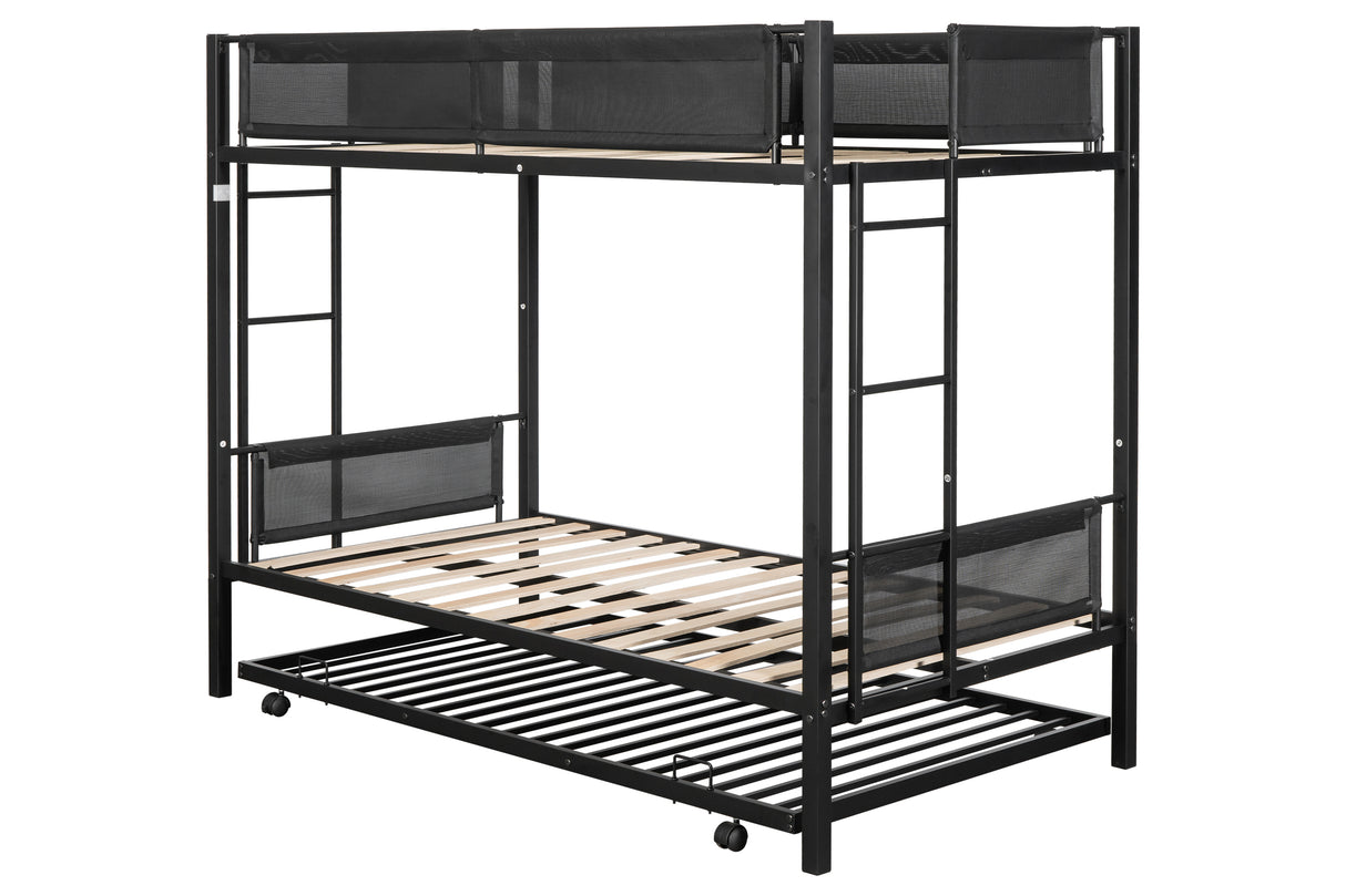 Twin over twin bunk bed with trundle (Wood Slat and Textilene Guardrail) - Home Elegance USA