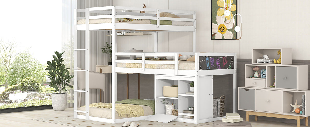 L-shaped Wood Triple Twin Size Bunk Bed with Storage Cabinet and Blackboard, Ladder, White - Home Elegance USA