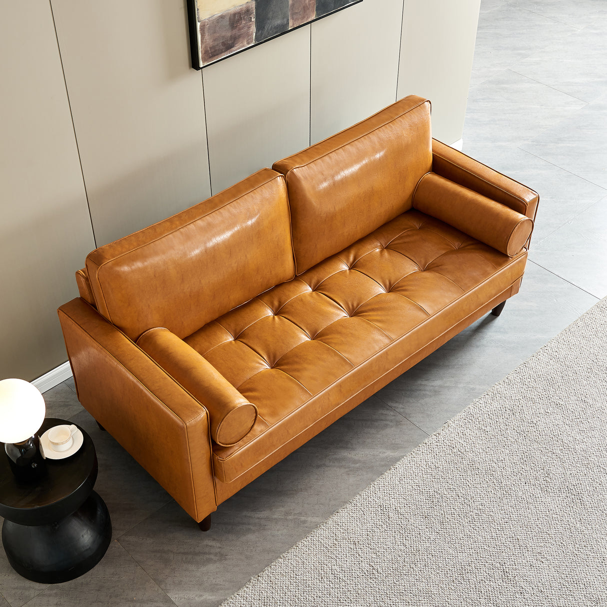 Modern Mid-Century Vegan Leather Sofa （Mocha） - Home Elegance USA