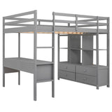 Full Size Loft Bed with Built-in Desk with Two Drawers, and Storage Shelves and Drawers,Gray - Home Elegance USA