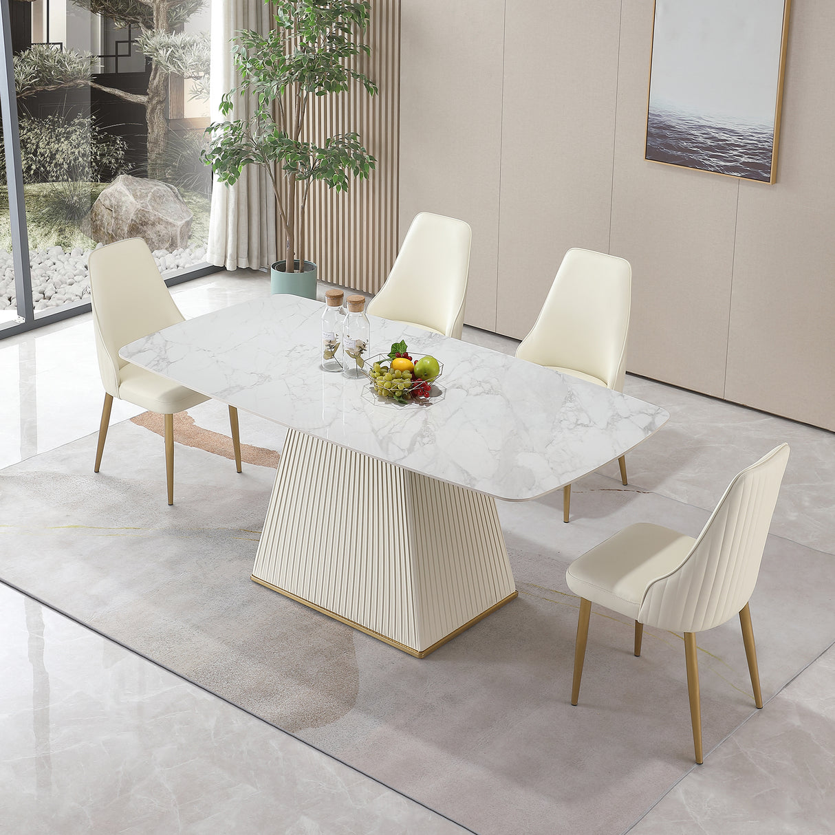71-Inch Stone DiningTable with Carrara White color and Striped Pedestal Base - Home Elegance USA