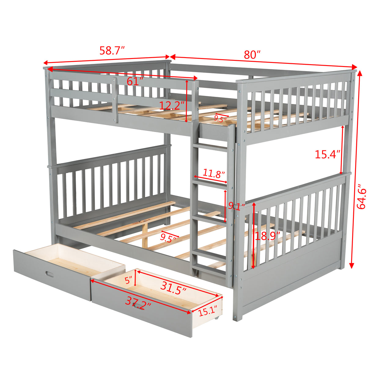 Full-Over-Full Bunk Bed with Ladders and Two Storage Drawers (Gray) - Home Elegance USA