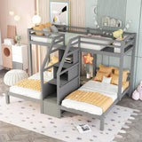 Twin over Twin & Twin Bunk Bed with Built-in Staircase and Storage Drawer,Gray Home Elegance USA