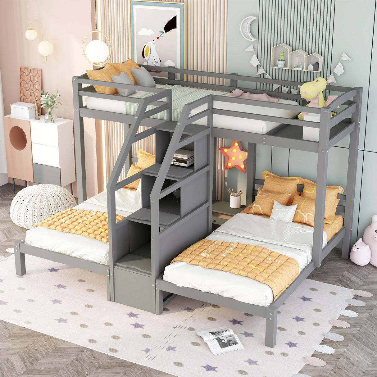 Twin over Twin & Twin Bunk Bed with Built-in Staircase and Storage Drawer,Gray - Home Elegance USA