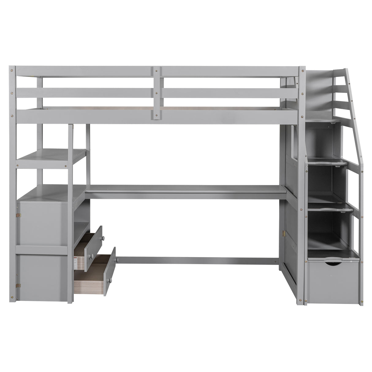 Twin Size Loft Bed with Desk and Shelves, Two Built-in Drawers, Storage Staircase, Gray