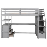 Twin Size Loft Bed with Desk and Shelves, Two Built-in Drawers, Storage Staircase, Gray