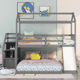 Twin over Full House Bunk Bed with Convertible Slide and Storage Staircase,Full-Length Guardrail,Gray - Home Elegance USA