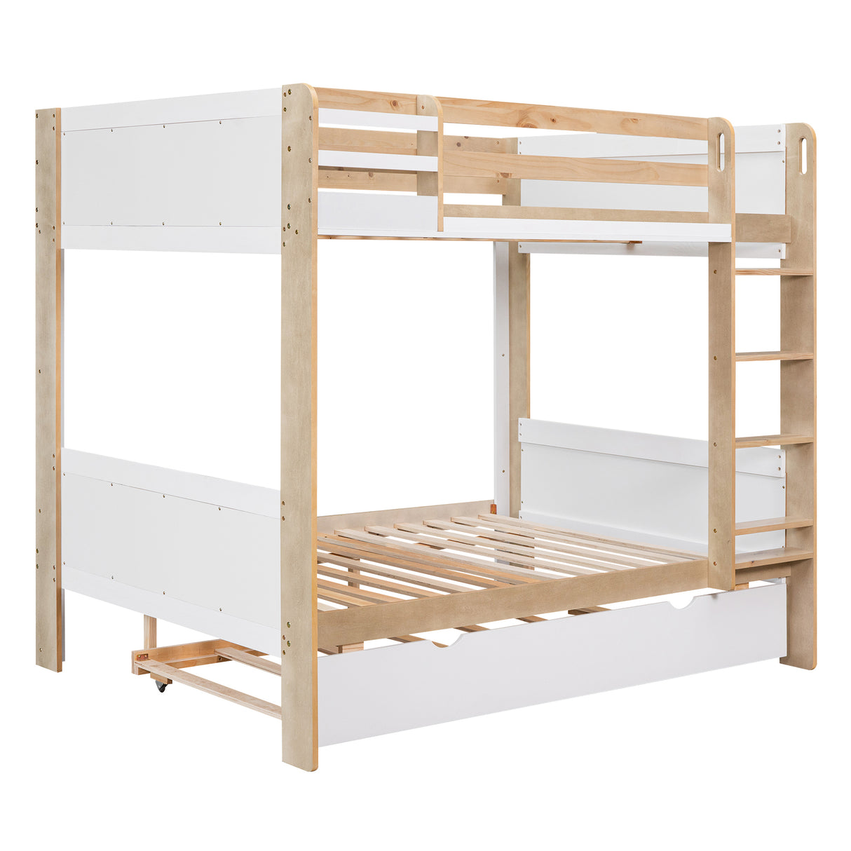 Full over Full Bunk Bed with Storage Shelves, Twin Size Trundle and Ladder, White - Home Elegance USA