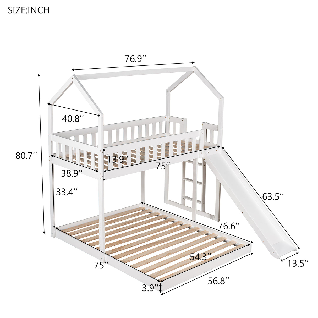 Twin over Full House Bunk Bed with Slide and Built-in Ladder,Full-Length Guardrail,White - Home Elegance USA