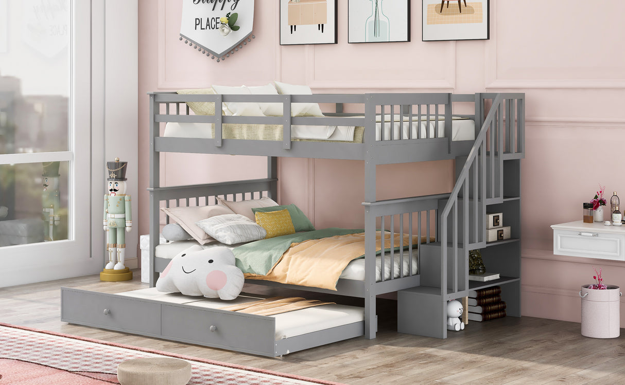 Stairway Full-Over-Full Bunk Bed with Twin size Trundle, Storage and Guard Rail for Bedroom, Dorm - Gray(OLD SKU :LP001210AAE) - Home Elegance USA