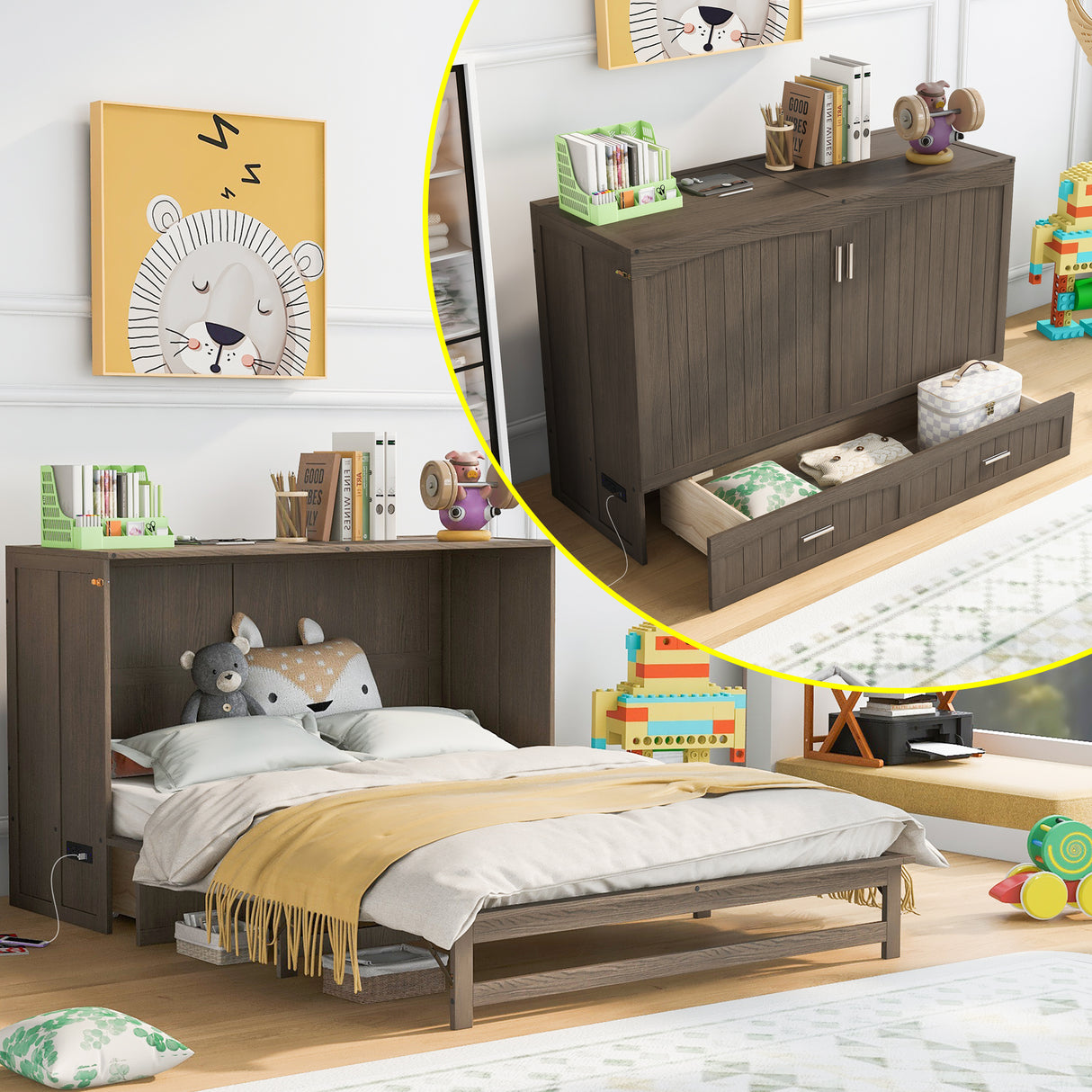 Queen Size Murphy Bed with Built-In Charging Station, Antique Grey(Expected Arrival Time: 8.9) - Home Elegance USA
