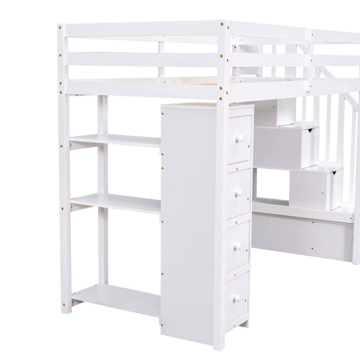 Twin size Loft Bed with Storage Drawers and Stairs, Wooden Loft Bed with Shelves - White - Home Elegance USA