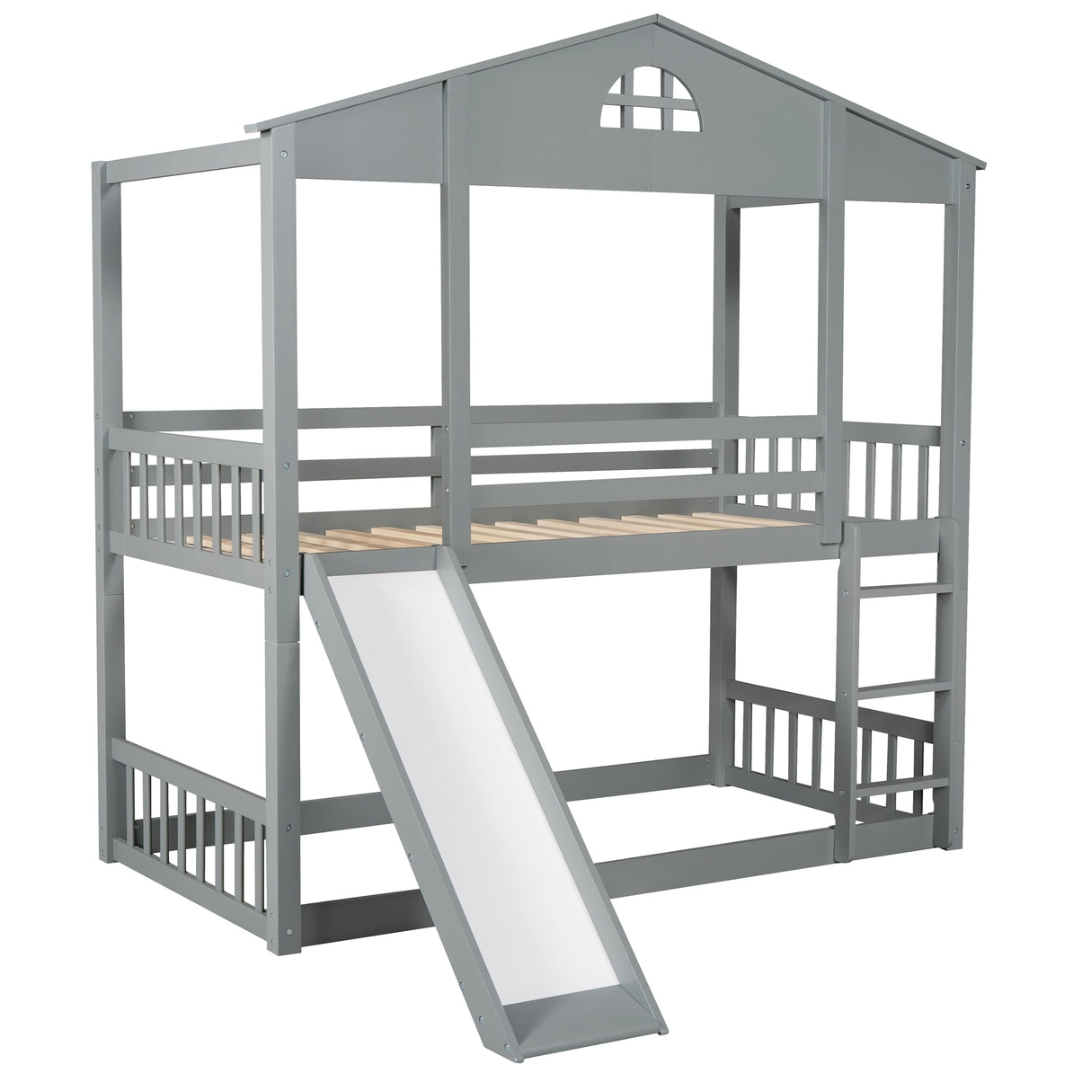 Twin over Twin House Bunk Bed with Convertible Slide and Ladder,Converts into 2 Separate Platform Beds,Gray - Home Elegance USA