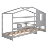 Wood House Bed Twin Size, 2 Twin Solid Bed L structure with fence and slatted frame （Gray) - Home Elegance USA