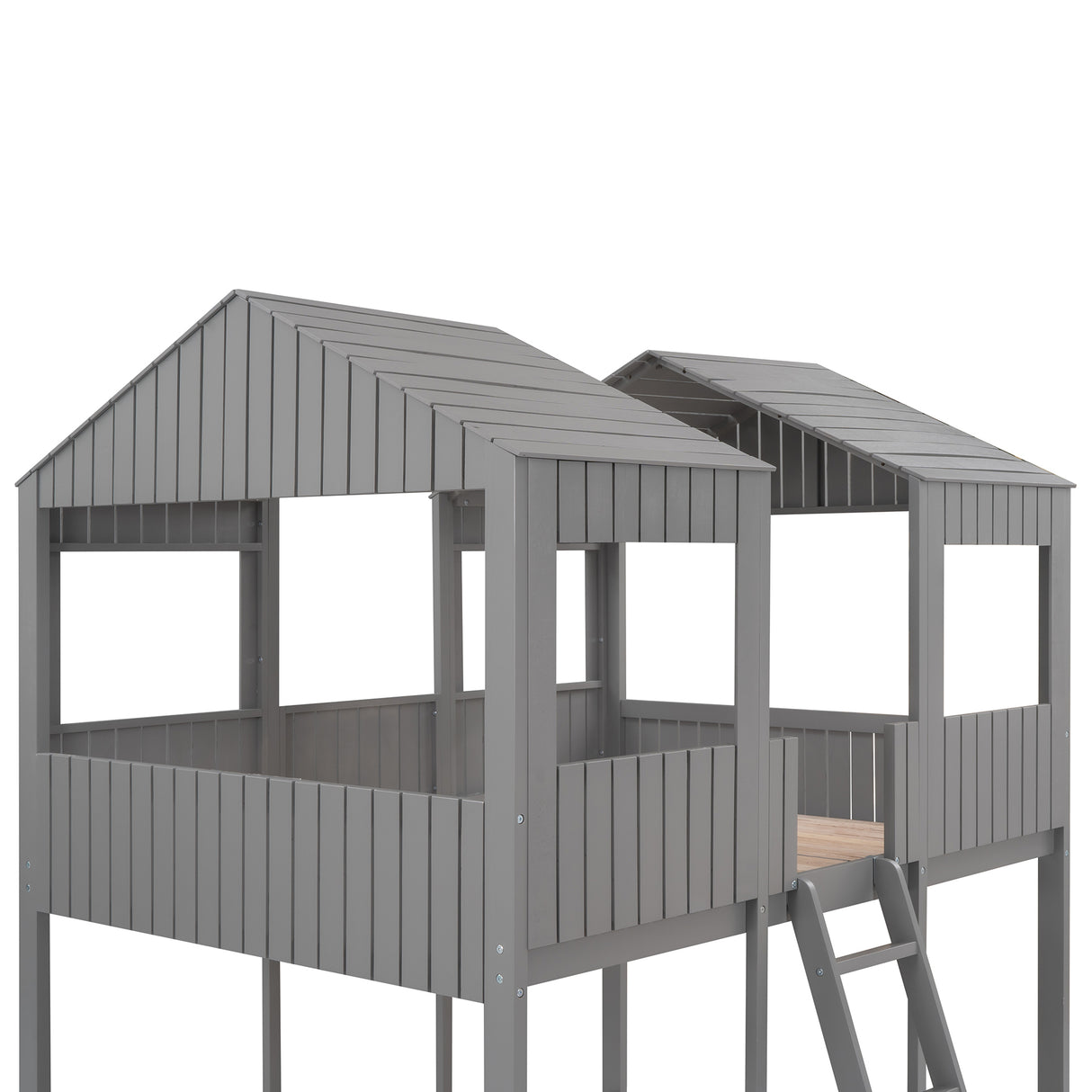 Full Over Full WoodBunk Bed with Roof, Window, Guardrail, Ladder (Gray)( old sku: LP000031AAN ) - Home Elegance USA