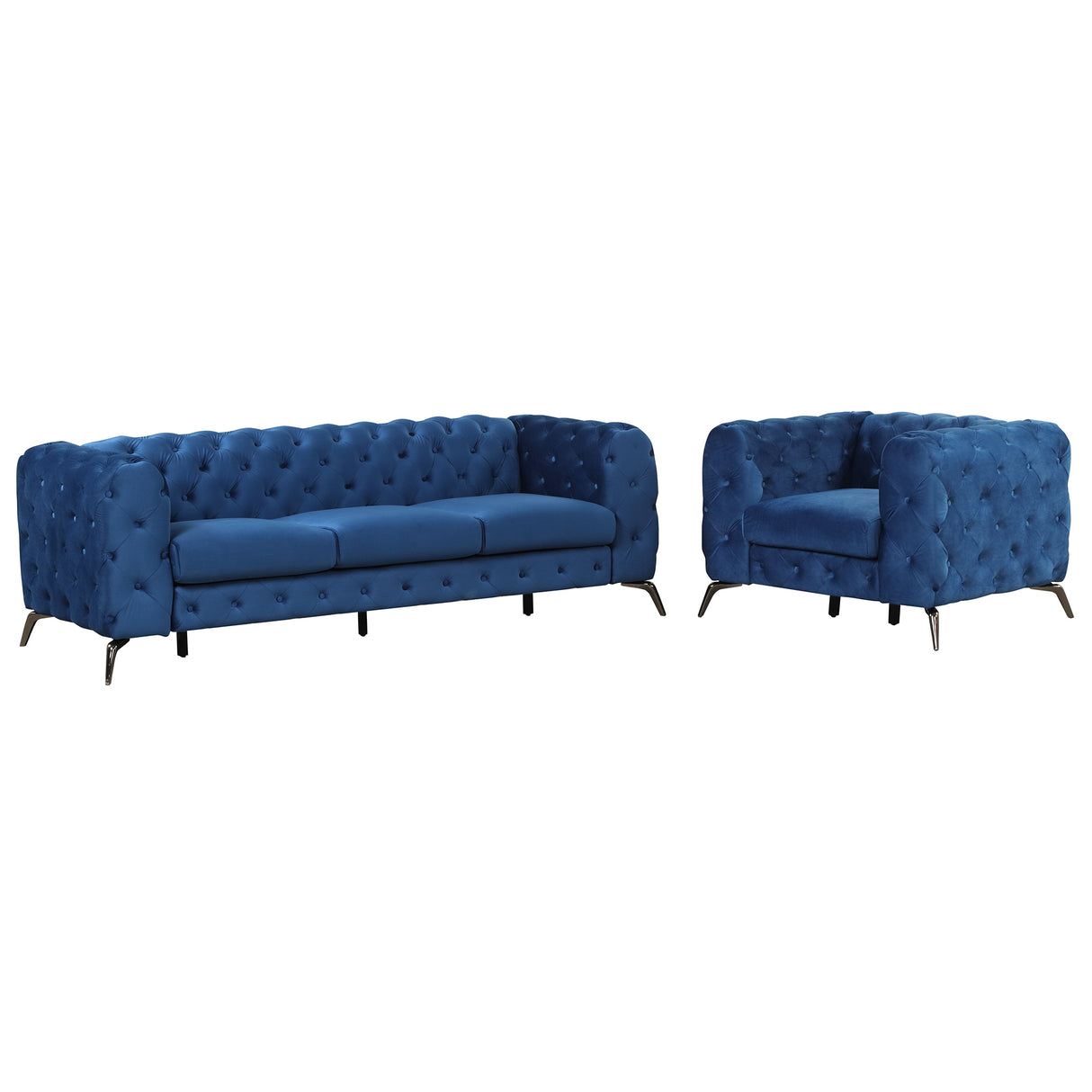 Modern 3-Piece Sofa Sets with Sturdy Metal Legs,Velvet Upholstered Couches Sets Including Three Seat Sofa, Loveseat and Single Chair for Living Room Furniture Set,Blue Home Elegance USA