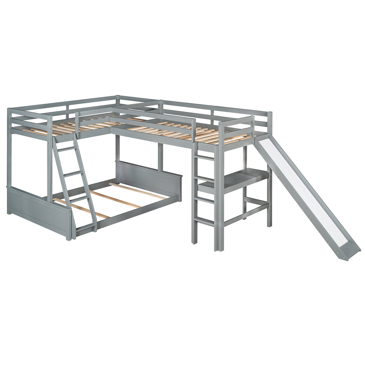 Twin over Full Bunk Bed with Twin Size Loft Bed with Desk and Slide,Full-Length Guardrail, Gray - Home Elegance USA