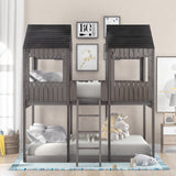 Full Over Full WoodBunk Bed with Roof, Window, Guardrail, Ladder  ( Antique Gray )( old sku: LP000031AAE ) - Home Elegance USA