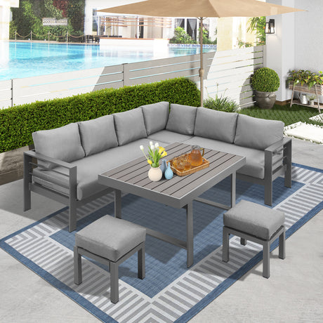 6 - Pieces Outdoor Dining Set, Grey Aluminum Frame with Dark Grey Cushions | Home Elegance USA