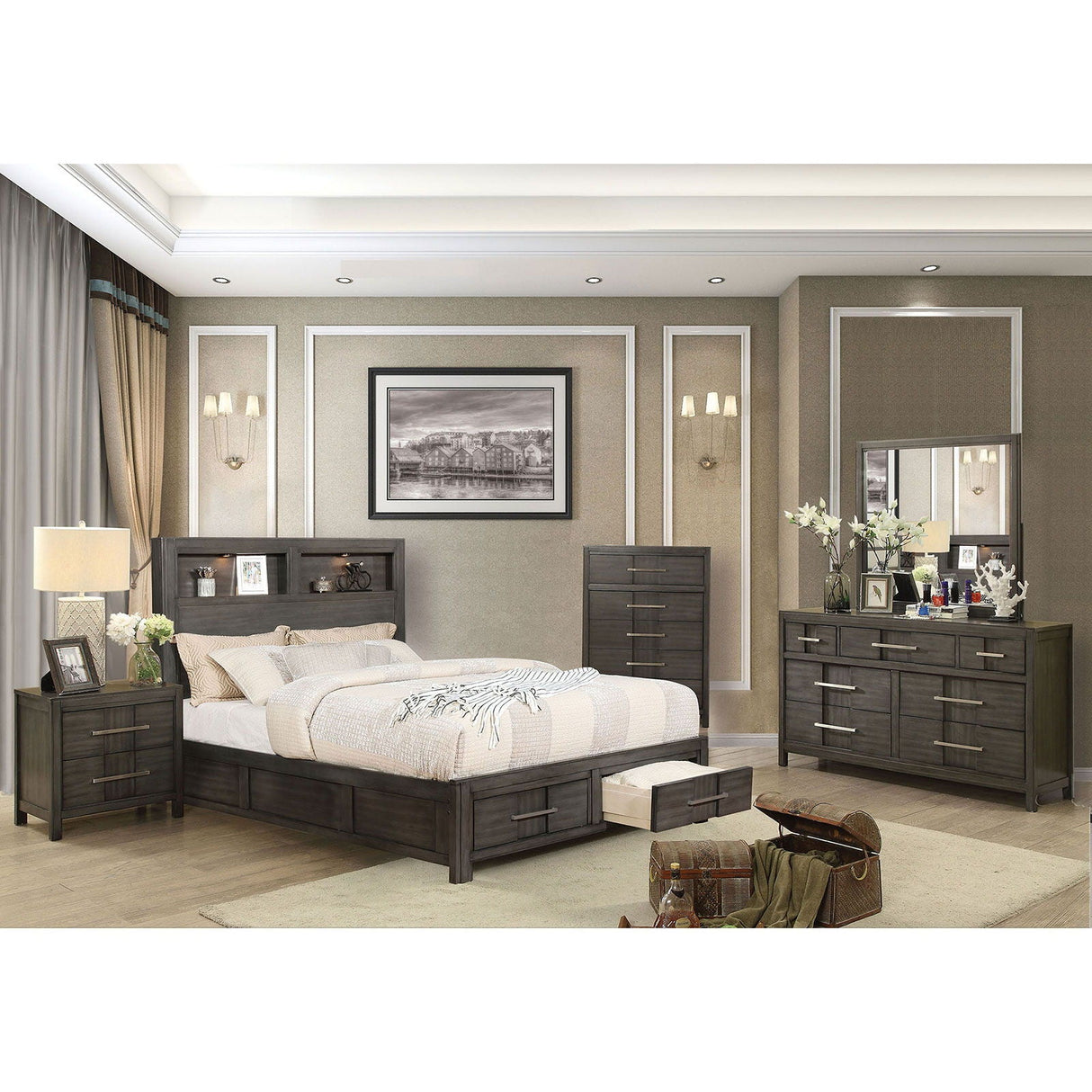 Karla - 5 Piece Queen Bedroom Set With 2 Nightstands - Gray - Home Elegance USA