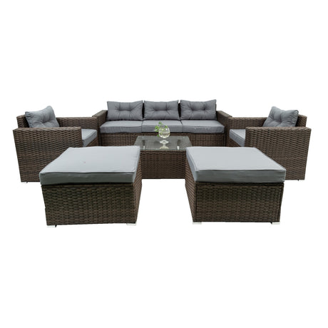 6 Piece Patio Rattan Wicker Outdoor Furniture Conversation Sofa Set with Removeable Cushions and Temper glass TableTop - W329S00061 - image - 8