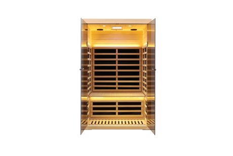 Two person wide space hemlock double doors great glass luxury indoor Far infrared sauna room