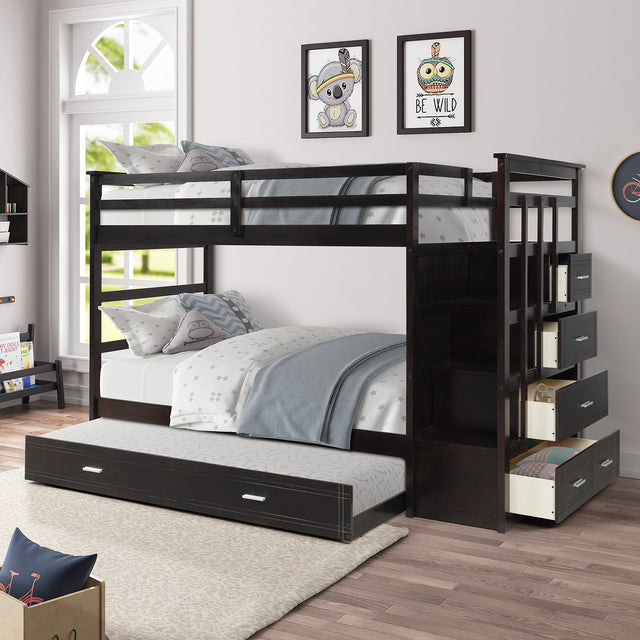 Solid Wood Bunk Bed , Hardwood Twin Over Twin Bunk Bed with Trundle and Staircase, Natural Espresso Finish (OLD SKU: LP000068AAP) - Home Elegance USA