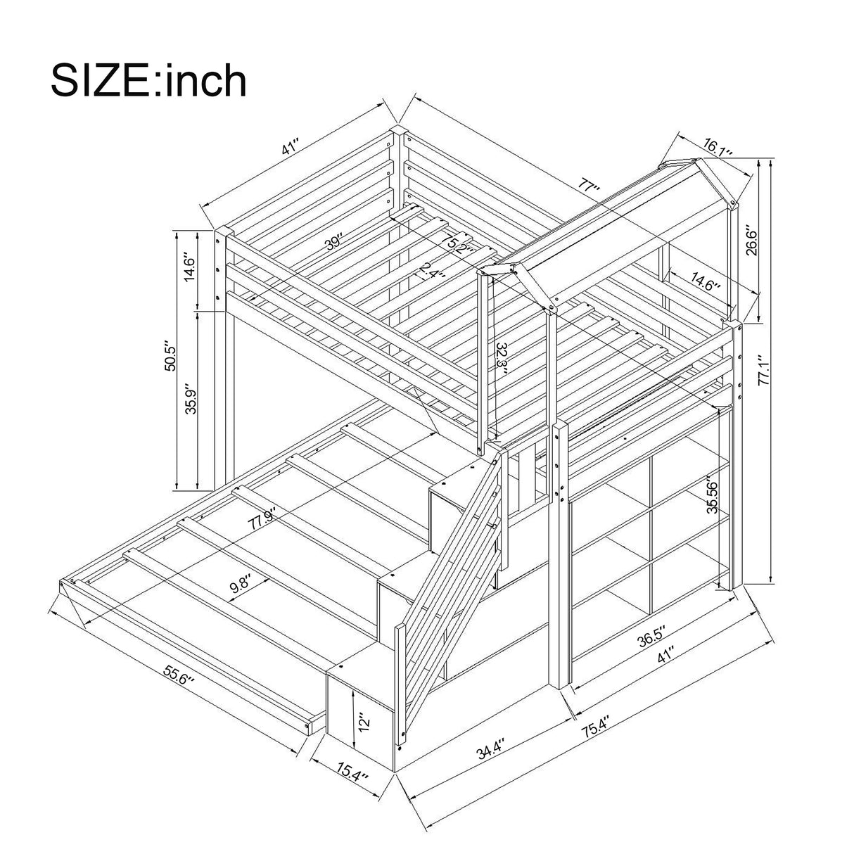 Twin over Full House Roof Bunk Bed with Staircase and Shelves, White - Home Elegance USA