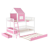 Full over Full Bunk Bed with Twin Size Trundle , Farmhouse Bed with Storage Box and Drawer - Pink - Home Elegance USA