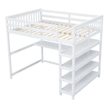 Full Size Loft Bed with Storage Shelves and Under-bed Desk, White - Home Elegance USA