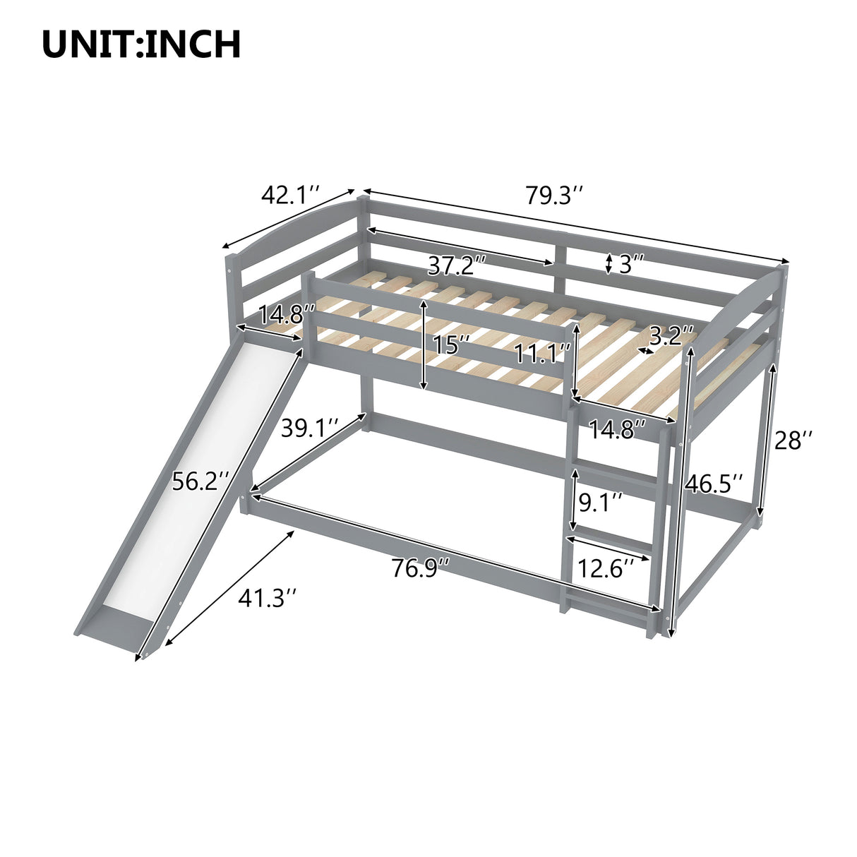 Twin over Twin Bunk Bed with Convertible Slide and Ladder , Gray(Old SKU:WF281725AAE) - Home Elegance USA