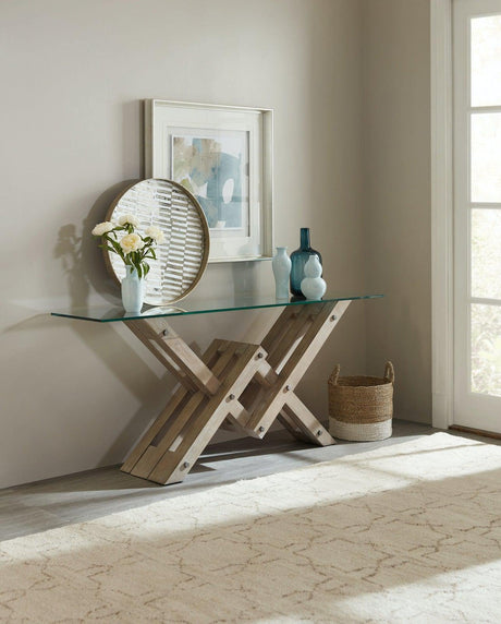 Affinity Glass Top Accent Console in Greige Oak – Hooker Furniture