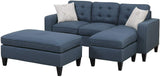 Reversible 3pc Sectional Sofa Set Navy Tufted Polyfiber Wood Legs Chaise Sofa Ottoman Pillows Cushion Couch - Home Elegance USA