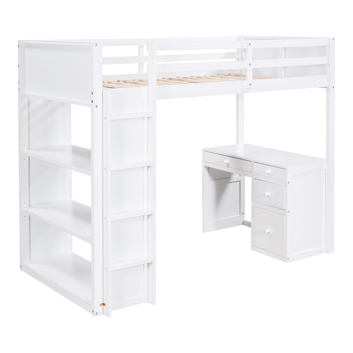 Twin Size Loft Bed with Ladder, Shelves, and Desk, White - Home Elegance USA