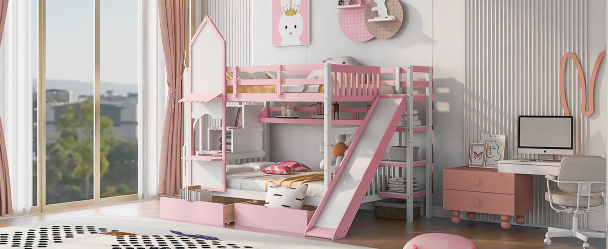 Full-Over-Full Castle Style Bunk Bed with 2 Drawers 3 Shelves and Slide - Pink