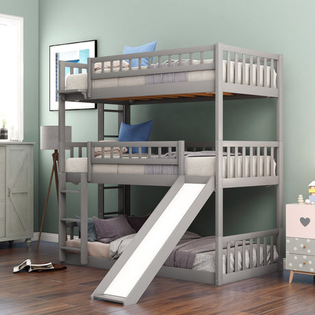 Twin-Over-Twin-Over-Twin Triple Bed with Built-in Ladder and Slide, Triple Bunk Bed with Guardrails, Gray(OLD SKU: LP000051AAE) - Home Elegance USA