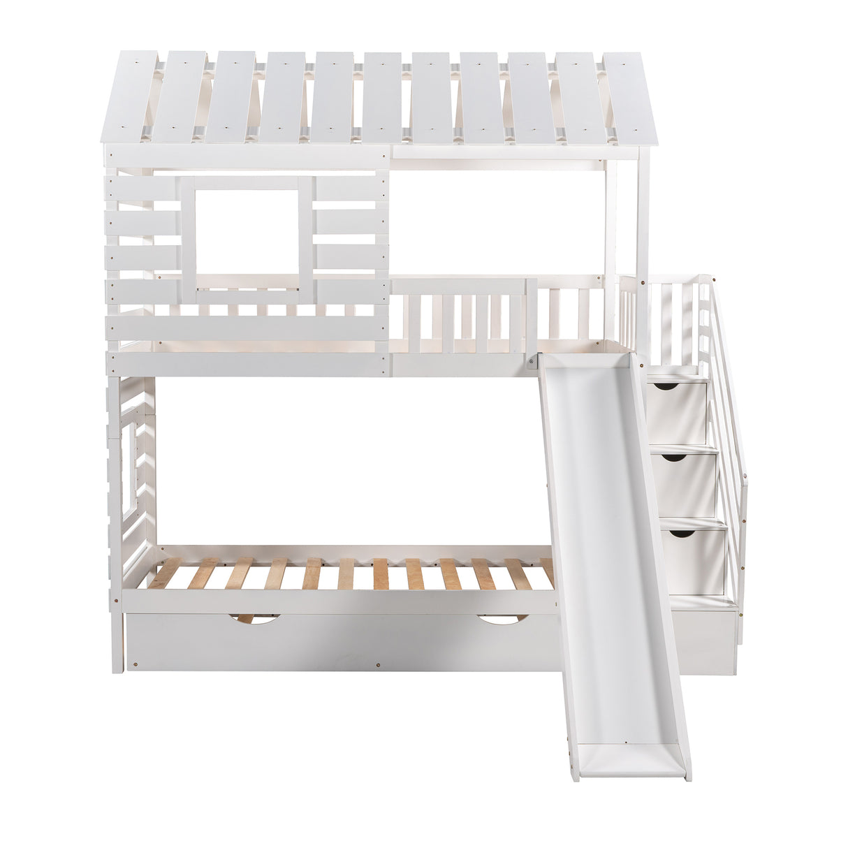 Twin over Twin House Bunk Bed with Trundle and Slide, Storage Staircase,Roof and Window Design, White - Home Elegance USA