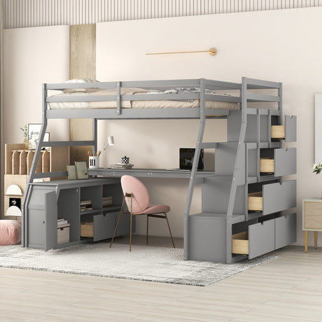 Twin Size Loft Bed with with 7 Drawers 2 Shelves and Desk - Gray - Home Elegance USA