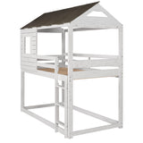 Twin Over Twin Bunk Bed Wood Loft Bed with Roof, Window, Guardrail, Ladder (Antique White)(old sku: LP000062AAM) - Home Elegance USA