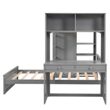 Twin size Loft Bed with a Stand-alone bed, Shelves,Desk,and Wardrobe-Gray - Home Elegance USA