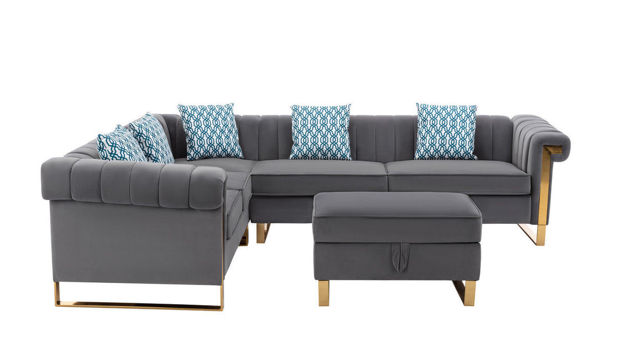 Maddie Gray Velvet 6-Seater Sectional Sofa with Storage Ottoman - Home Elegance USA